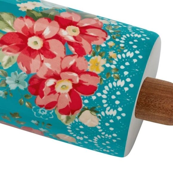 🦋 New Pioneer Woman Vintage Floral Ceramic Rolling Pin with Acacia Wood Handles - Picture 7 of 8